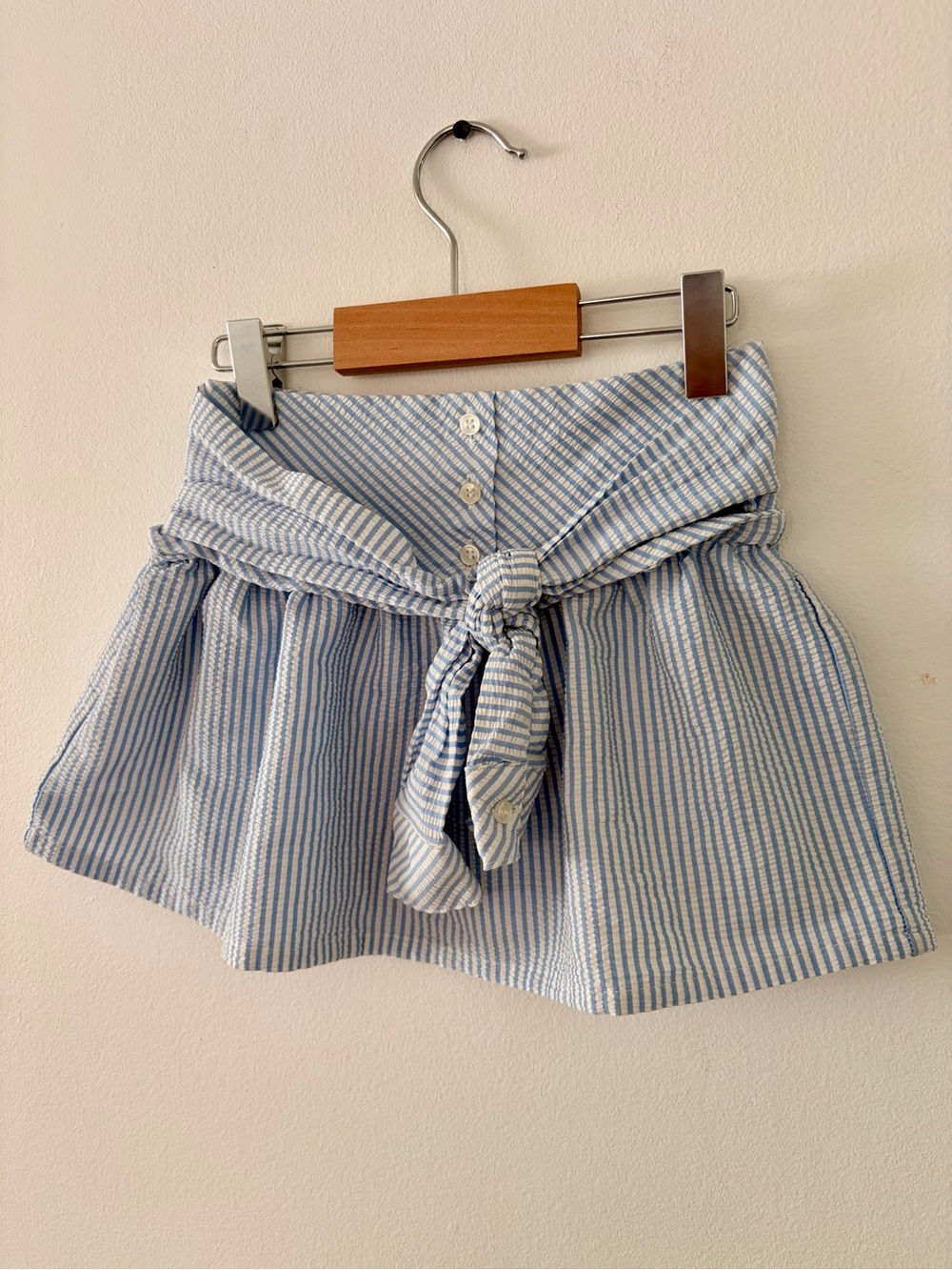 Mango Light Blue & White Striped Tie-Front Mini Skirt